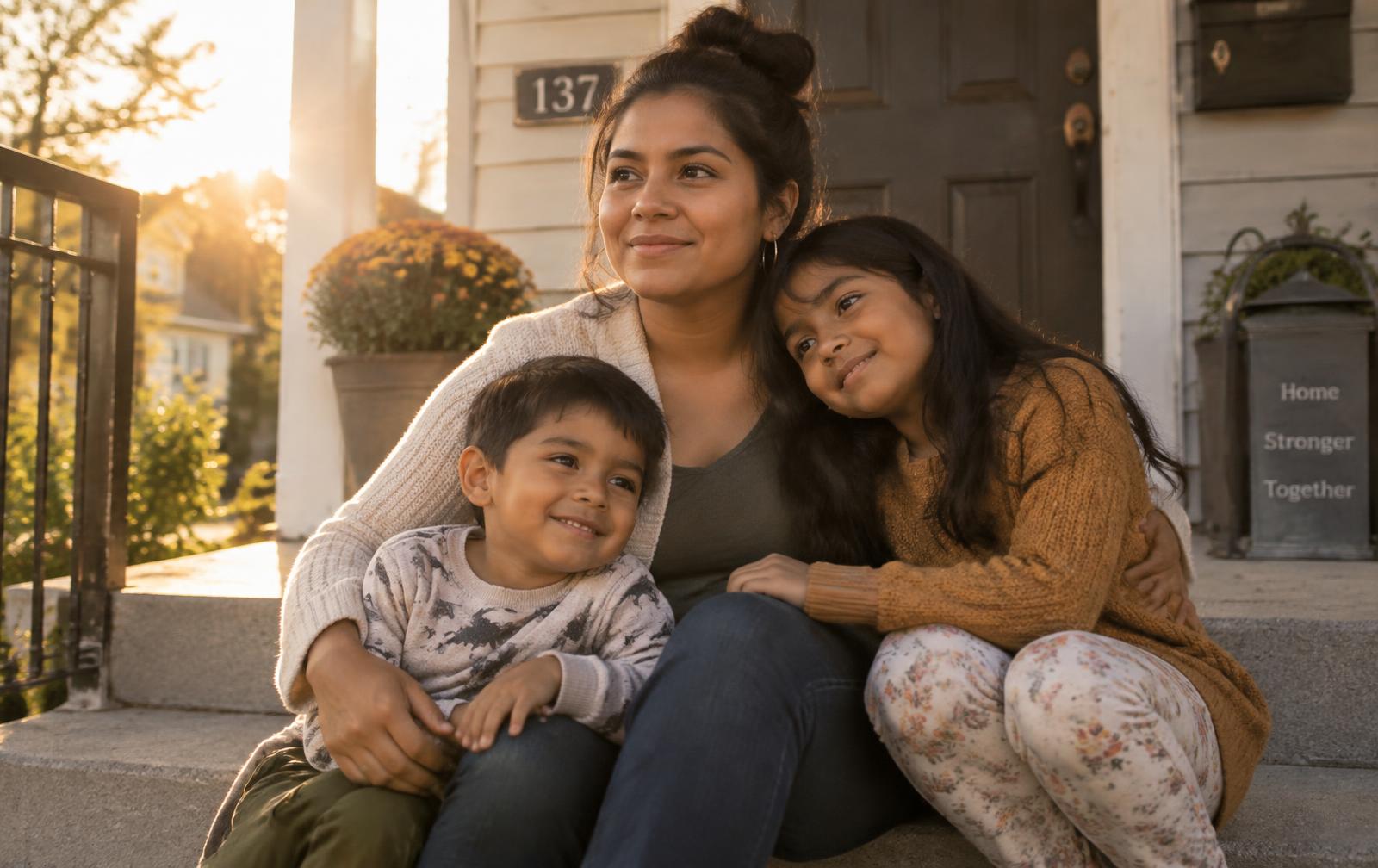 A mother sits on her front steps, embracing her two smiling children at sunset