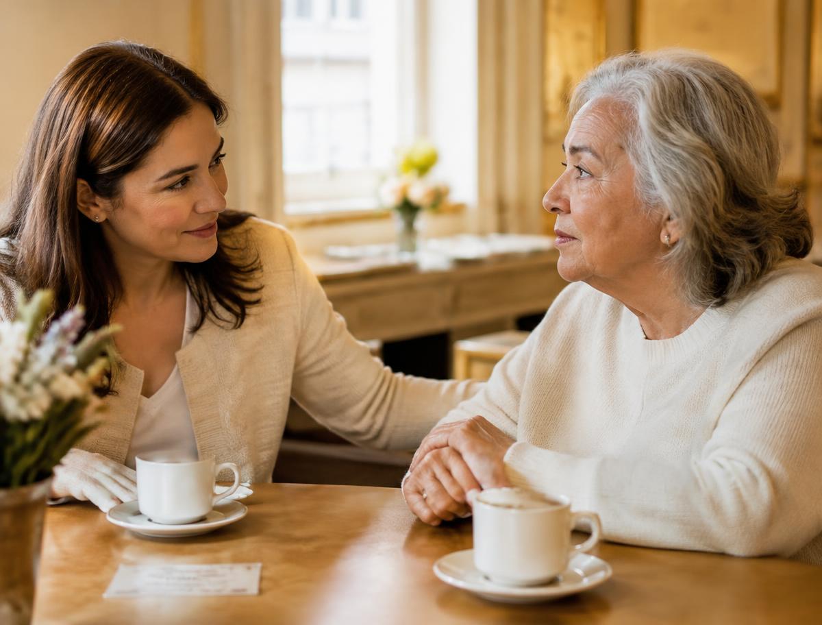 Two women talking warmly over coffee, one offering support to the other